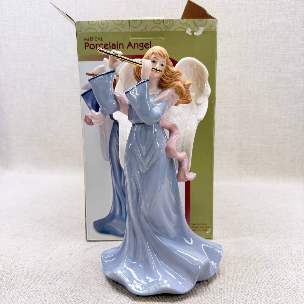 Musical Porcelain Angel Figurine Blue Dress Gold Flute Plays Angels We've Heard